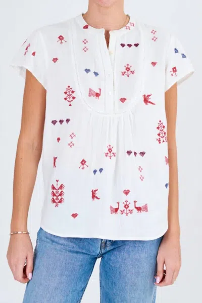 Mabe Hibi Short Sleeve Top In Ecru/red