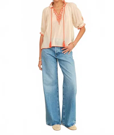 Mabe Talia Embroidered Short Sleeve Top In Beige/orange In Neutral