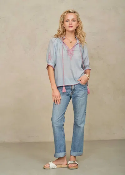 Mabe Talia Embroidered Short Sleeve Top In Light Blue/rose In Multi