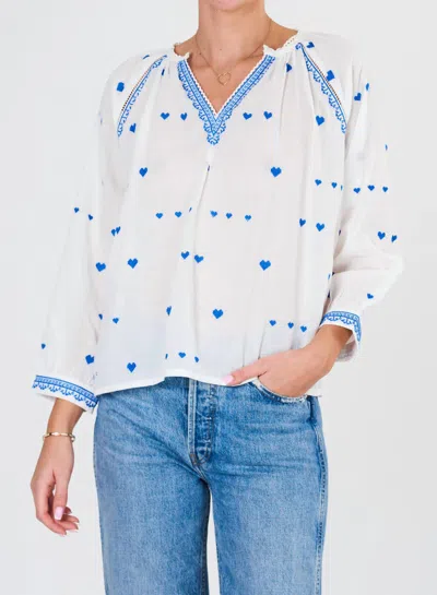 Mabe V Neck Embroidered Top In White/blue