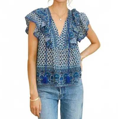 Mabe Viti Print Frill Top In Blue In Multi