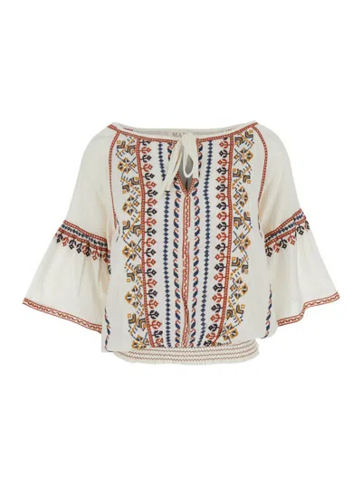 Mabe White Top With V Neck On The Front And All-over Embroidered Motif In Fabric Woman
