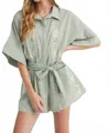 Mabel Embroidered Button Down Collared Romper In Green In Green