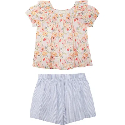 Mabel + Honey Kids'  Blooming Florals Short Gathered Sleeve Two Piece Set In Blue