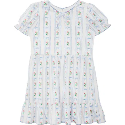 Mabel + Honey Kids'  Blooms And Bows Short Gathered Ruffle Sleeve Dress In White