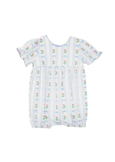 Mabel + Honey Babies'  Blooms And Bows Short Gathered Ruffle Sleeve Romper In Blue
