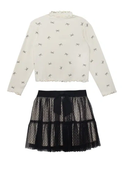 Mabel + Honey Kids'  Mabel And Honey Bow Chic Two-piece Set For Girls, Ivory Bow-print Top And Black Layere In Animal Print
