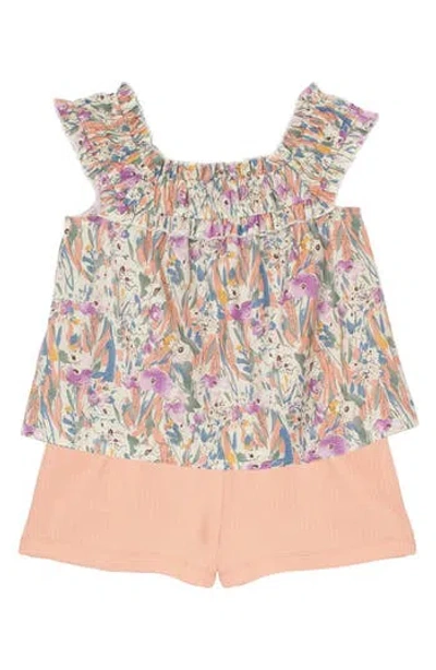 Mabel + Honey Kids' Blooming Beauty Floral Top & Shorts Set In Coral Multi