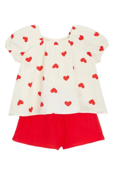 Mabel + Honey Kids' Sweet Hearts Gauze T-shirt & Shorts Set In White