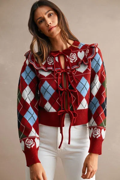 Mable Argyle Cardigan Top Burgundy Multi In Red