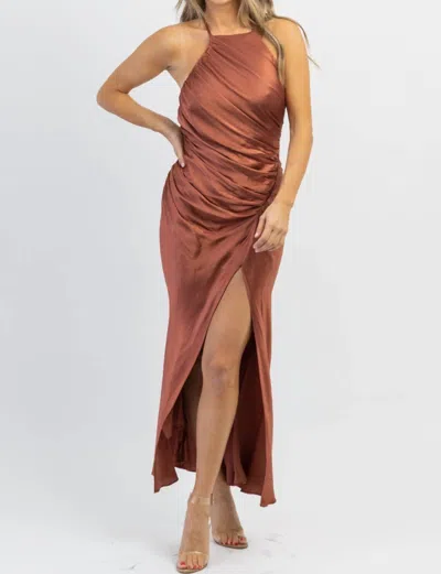 Mable Biltmore Satin Shirring Dress In Rust In Multi