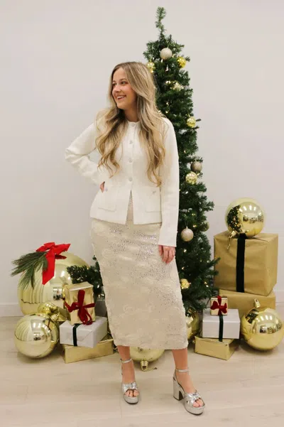 Mable Bouquet Sequin Floral Applique Midi Skirt In Champagne In White