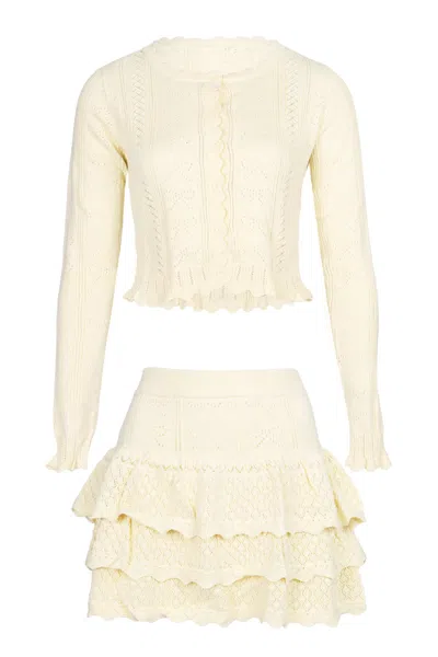 Mable Bow Pointelle Cardigan And Skirt Set Lemon In Neutral