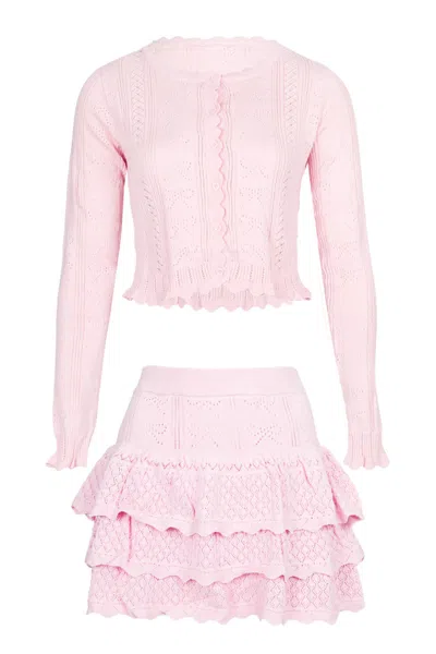 Mable Bow Pointelle Cardigan And Skirt Set Light Pink