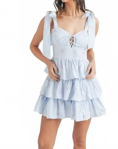 Mable Bow Shoulder Tie Corset Tiered Mini Dress In Blue