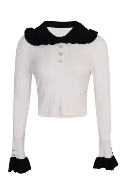 Mable Clare Contrast Collar Ribbed Knit Top Off White