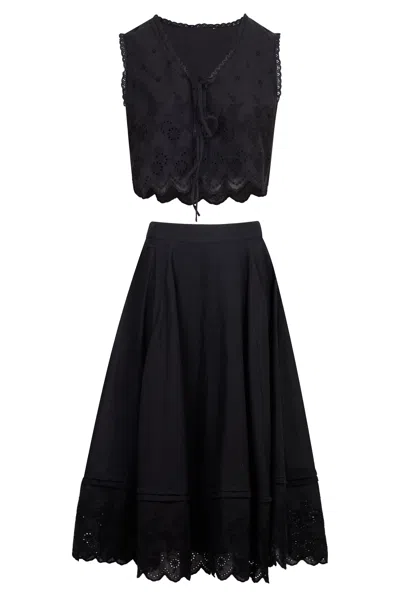 Mable Crop Top Scalloped And Skirt Set Black