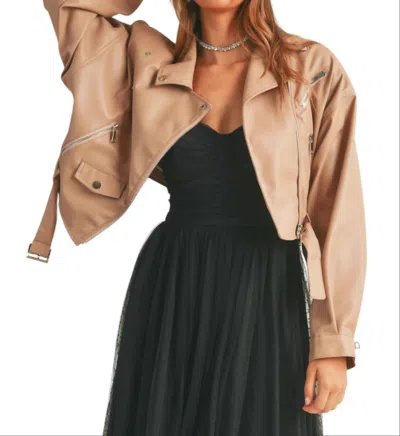 Mable Cropped Faux Leather Moto Jacket In Dark Blush In Gold