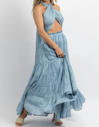 Mable Crossover Tie Tiered Maxi Dress In Azul In Blue