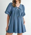 Mable Denim Puff Sleeve Mini Dress In Babydoll In Blue