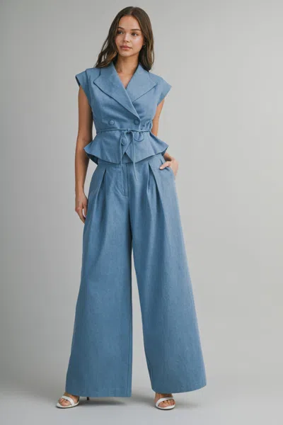 Mable Denim Top And Wide Leg Pants Set In Blue