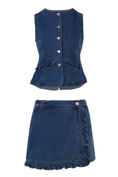 Mable Denim Vest Top And Mini Skirt Set In Blue