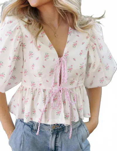 Mable Ditsy Floral Bow Top In Pink