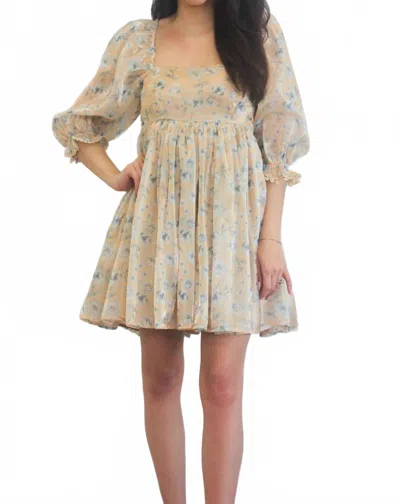 Mable Elodie Square Neck Floral Organza Babydoll Dress In Pale Yellow/taupe In Neutral