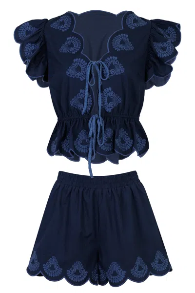 Mable Embroidered Scallop Top And Short Set Navy In Blue