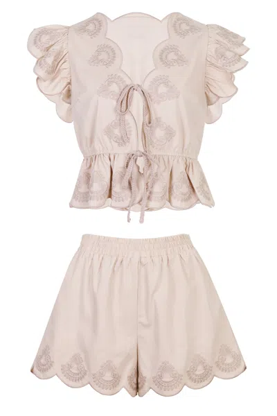 Mable Embroidered Scallop Top And Short Set Taupe In Gold