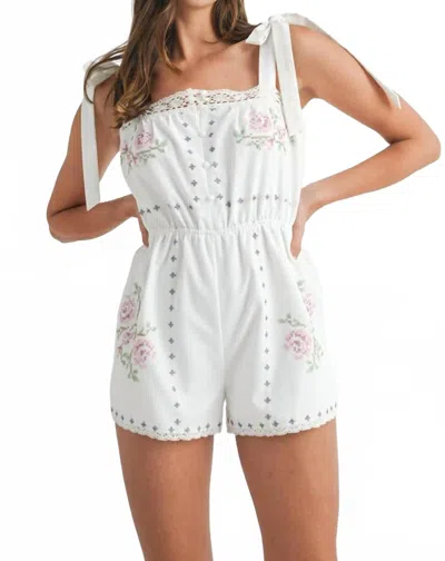 Mable Embroidered Tie Stripe Romper In Off White