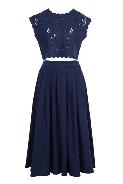 Mable Embroidery Crop Top And Midi Skirt Set Navy In Blue