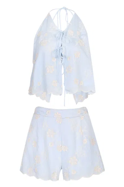 Mable Embroidery Halter Neck Top And Shorts Set Blue