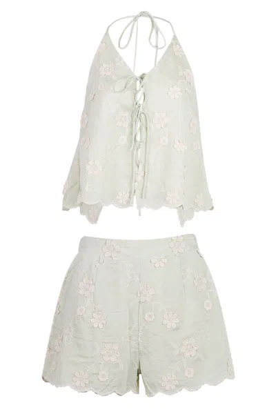 Mable Embroidery Halter Neck Top And Shorts Set Sage In Multi