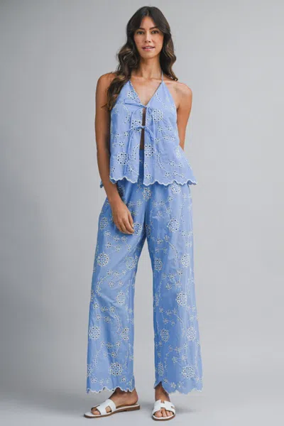 Mable Embroidery Halter Top And Pants Blue