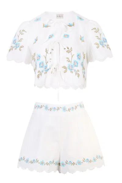 Mable Embroidery Short Sleeve Top And Shorts Set Blue In White