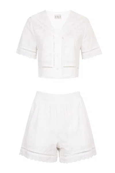 Mable Embroidery Short Sleeve Top And Shorts Set Off White