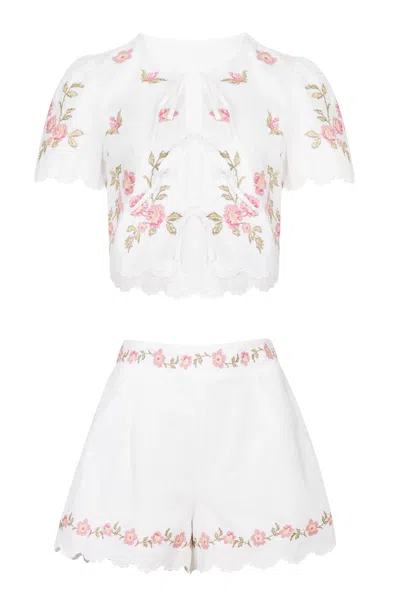 Mable Embroidery Short Sleeve Top And Shorts Set Pink In White