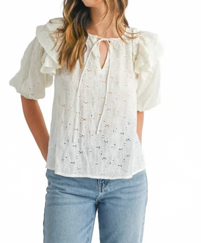 Mable Eyelet Lace Ruffle Shoulder Puff Sleeve Blouse In Cream