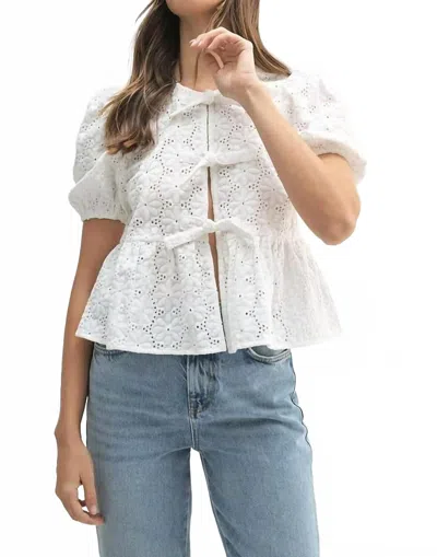 Mable Eyelet Puff Sleeve Front Tie Peplum Top In White