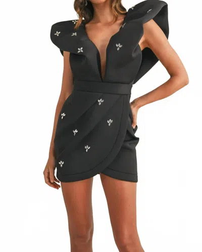 Mable Flare Shoulder V-neck Mini Dress In Black