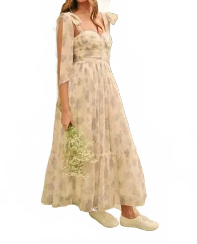 Mable Floral Bust Ruched Midi Dress With Shoulder Tie In Beige In Neutral