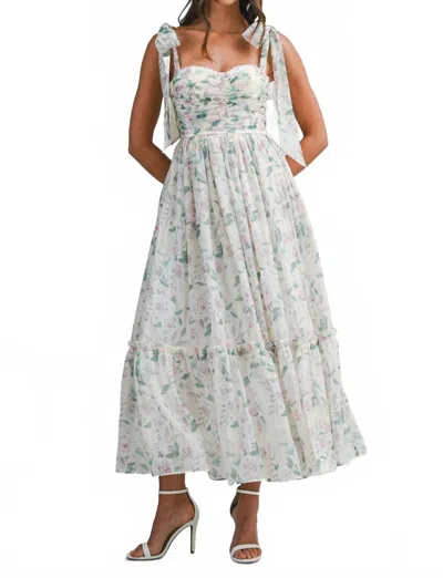 Mable Floral Bust Ruched Midi Dress With Shoulder Tie In Cream In Multi
