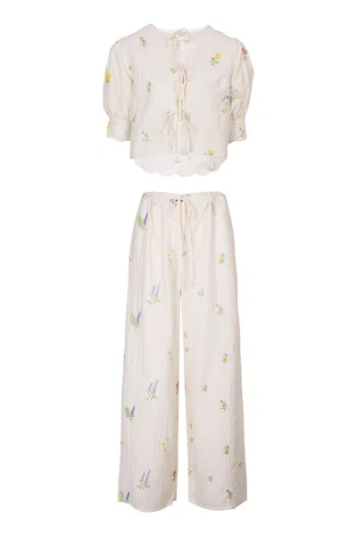 Mable Floral Embroidered Top And Pants Set Cream In Neutral