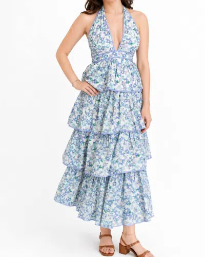 Mable Floral Halter Neck Tiered Midi Dress In Blue/purple