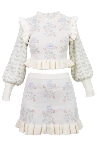 Mable Floral Jacquard Top And Skirt Set Cream In Multi