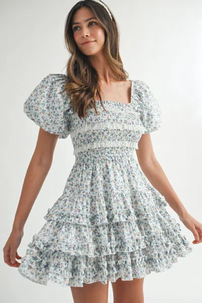 Mable Floral Lace Mini Dress Blue Multi In Gray