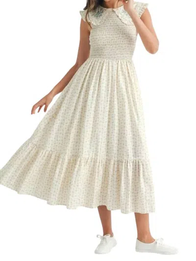 Mable Floral Peter Pan Smocked Midi Dress In Ivory/blue