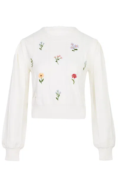Mable Floral Pointelle Sweater Top Cream In White