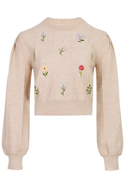 Mable Floral Pointelle Sweater Top Taupe In Pink
